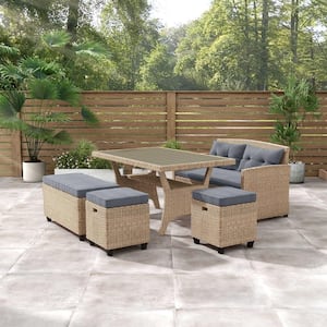 Valo Natural 5-Piece Wicker Outdoor Dining Set with Gray Cushions