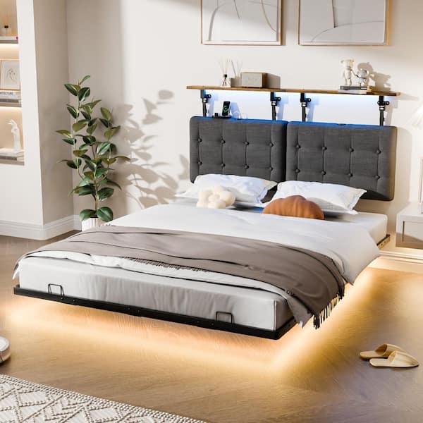 Gray Queen Size Floating Metal Bed Frame with Hanging Linen Headboard