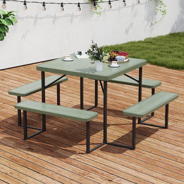 1-Piece Plastic Outdoor Dining Set Picnic Table Bench Set for 4-8 People with Umbrella Hole All-Weather Green