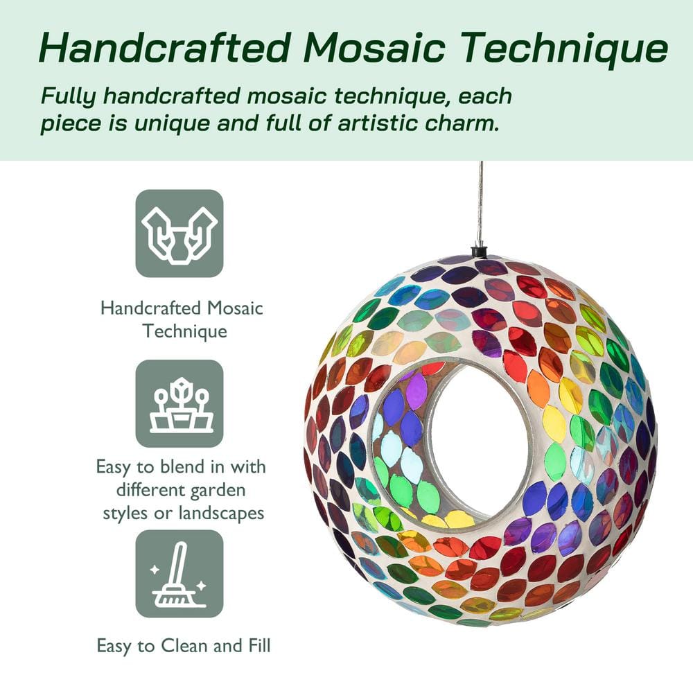 8'' Round Multicolor Mosaic Glass Hanging Bird Feeder