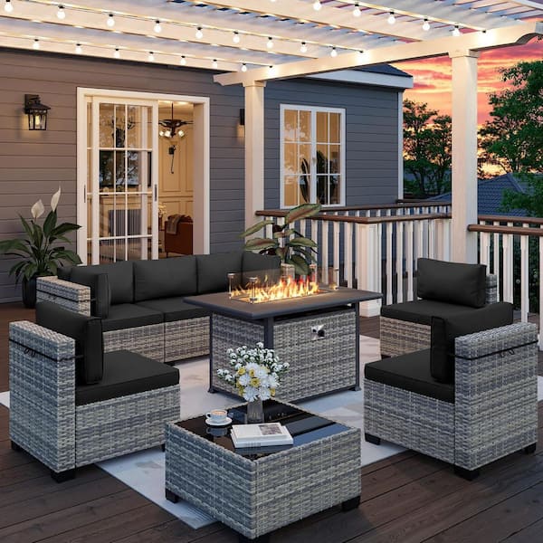 8-Piece Wicker Patio Conversation Set with 55,000 BTU Fire Pit Table and Glass Top Table with Dark Gray Cushions
