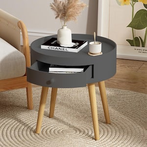 15 in. Black Round MDF End Table Side Table with Storage Drawer for Living Room Bedroom