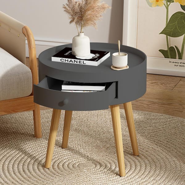 Boyel Living 15 in. Black Round MDF End Table Side Table with Storage Drawer for Living Room Bedroom