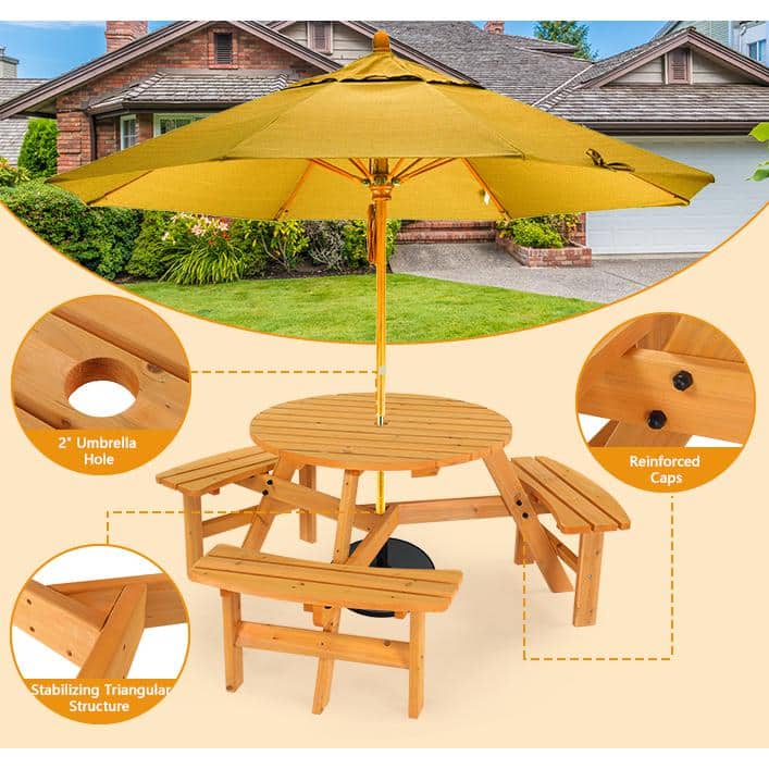 Circular 6-Person Fir Wood Outdoor Picnic Table with Built-In Benches