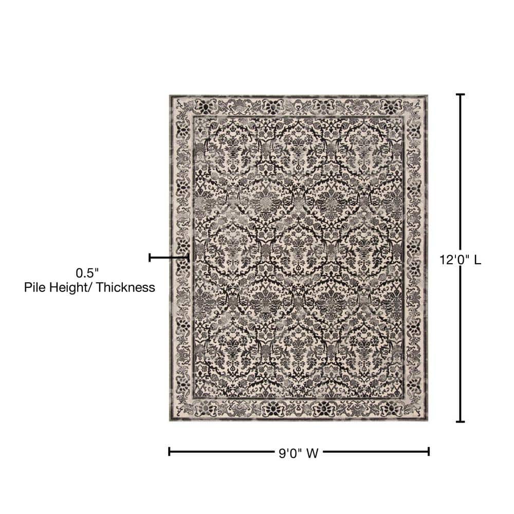 Ivory and Gray Floral Synthetic Reversible Area Rug, 9' x 12'