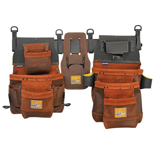 Unbranded 20 in. 12-Pocket Elite Series Pro Framer's Leather Tool Belt with Right-Handed Hammer Holder Layout in Brown