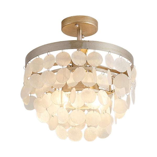 Parrot Uncle 14.5 in. 2-Light Bohemia Antique Nickel Semi-Flush Mount Ceiling Light Fixture with Tiered Shells