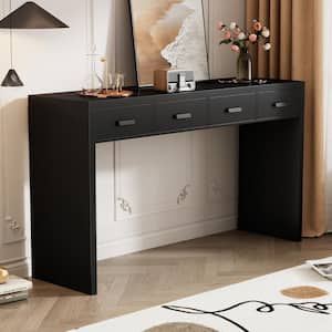 52 in. Modern Minimalist Black Storage Rectangle Console Wood Table with Open Tabletop and 4 Drawers for Entryway