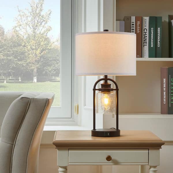 22 in. Industrial Bronze Lamp Set with Night Lights and Glass Shade and USB Ports