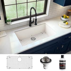 32.5 in. Large Single Bowl Undermount Kitchen Sink in White with Bottom Grid and Strainer