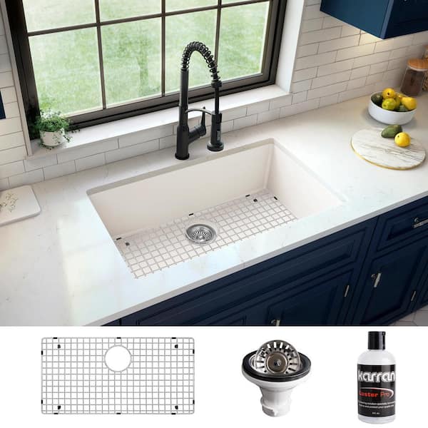 Karran 32.5 in. Large Single Bowl Undermount Kitchen Sink in White with Bottom Grid and Strainer