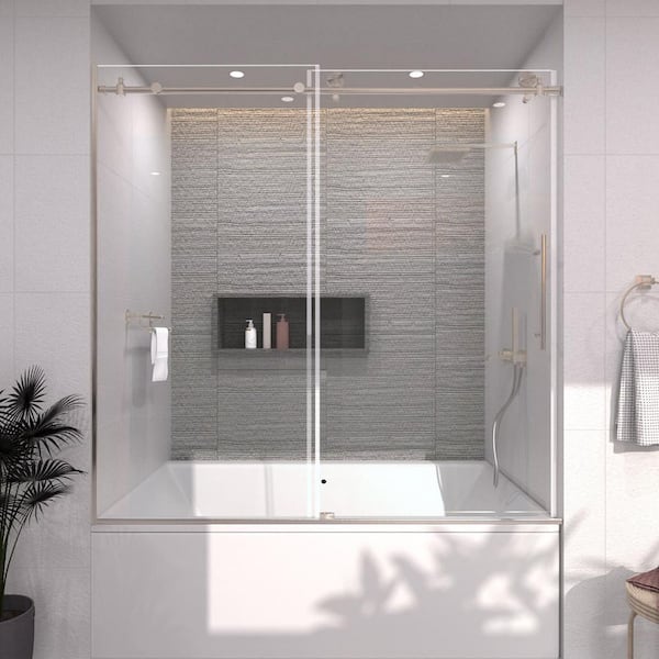60 in. W. x 60 in. H Sliding Semi Frameless Tub Door in Brushed Nickel Finish with Clear Glass