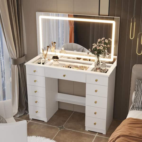White Makeup Vanity Desk 11-Drawers Wood Dressing Table with Big Lighted Mirror, Glass Top