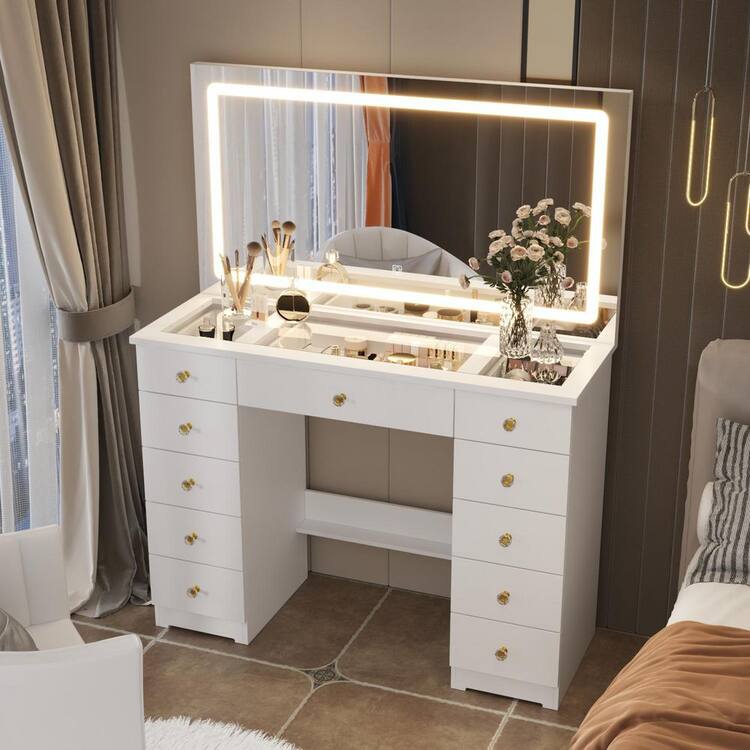 FUFU&amp;GAGA White Makeup Vanity Desk 11-Drawers Wood Dressing Table with Big Lighted Mirror, Glass Top