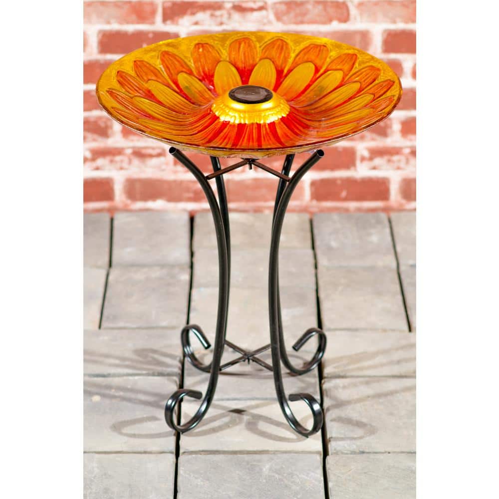 Solar Floral Glass Bird Bath with Metal Stand