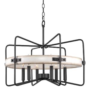 Raleigh 22 in. 60-Watt 6-Light Black Farmhouse Cage Pendant Light, with White Ash Wood Style Ring