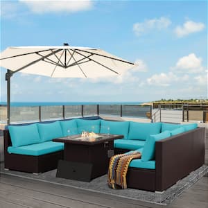 9-Piece Large Size Espresso Wicker Patio Conversation Deep Seating Sectional Sofa Set with Fire Pit and Teal Cushions