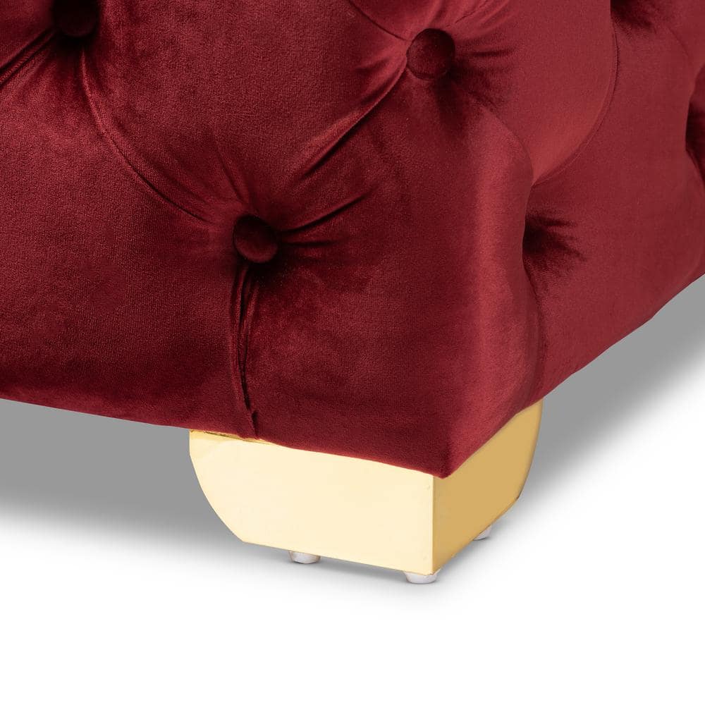 Avara Burgundy Velvet Button Tufted Bench Ottoman with Gold Legs