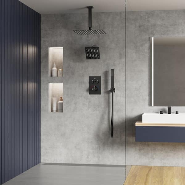 10 in. and 12 in. Dual Shower Head Triple Handles 3-Spray Tub and Shower Faucet 2.5 GPM in Matte Black Valve Included