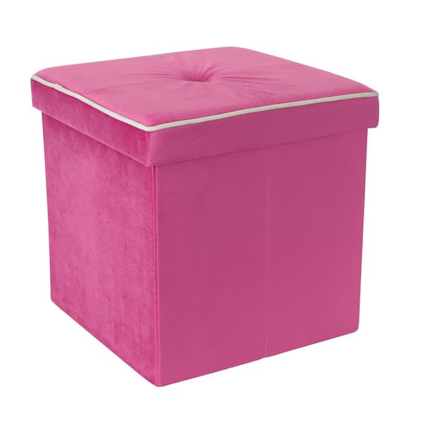 SIMPLIFY 15" x 15" x 15" Collapsible Velvet Storage Ottoman Trunk in Pink
