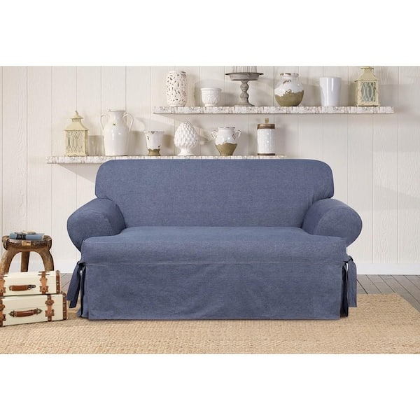 SureFit Authentic Denim Indigo Cotton 1 Piece T Cushion Loveseat Slipcover