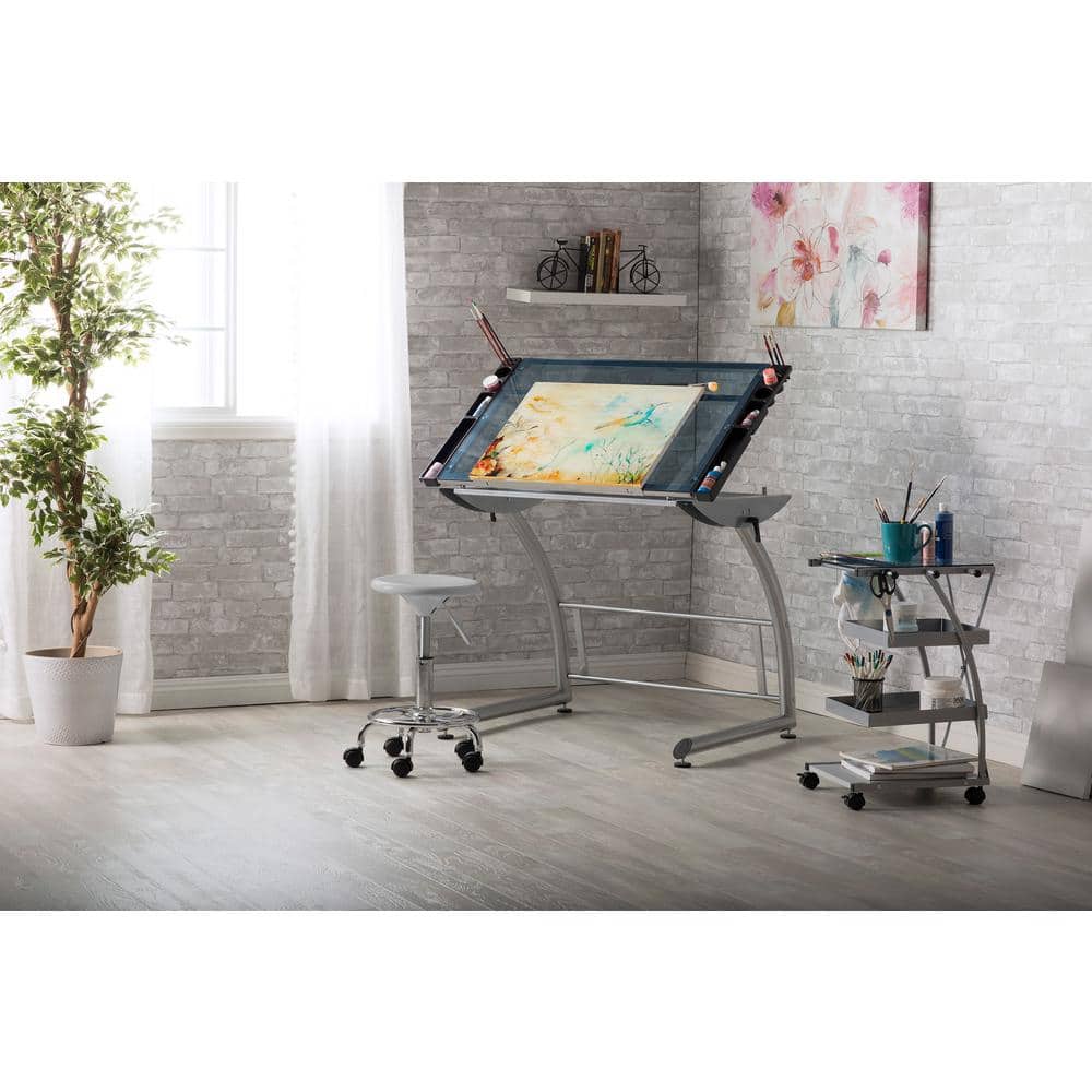 TriFlex Dual-Tilt Glass Crafting Desk in Silver/Blue