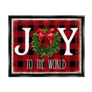 Joy To World Christmas Charm Buffalo Plaid by Deborah Brown Floater Frame Typography Wall Art Print 17 in. x 21 in.