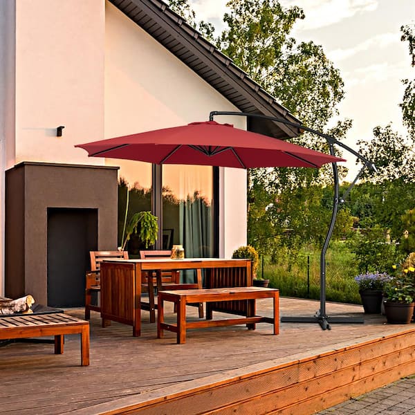 JEAREY Curvy 11 ft. Steel Large Cantilever Patio Umbrella with Sandbag and Cross Base in Red
