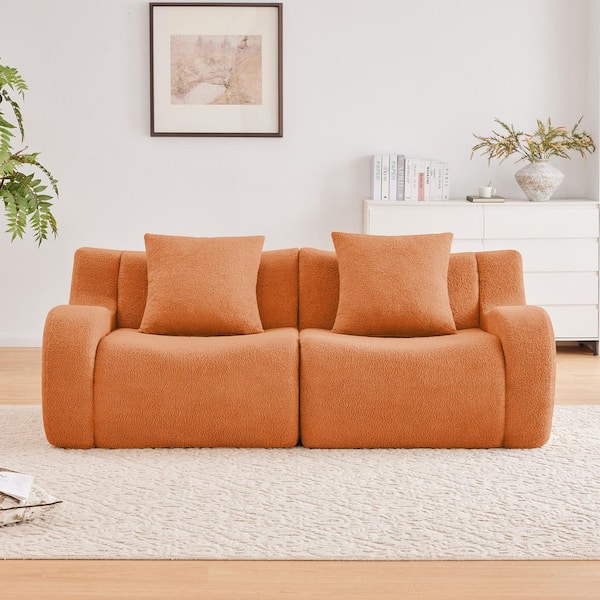 83 in. Sloped Arm Teddy Fabric Rectangle Boneless Sofa Anti-Slip,32D High Density Sponge,No Assembly Required in Orange