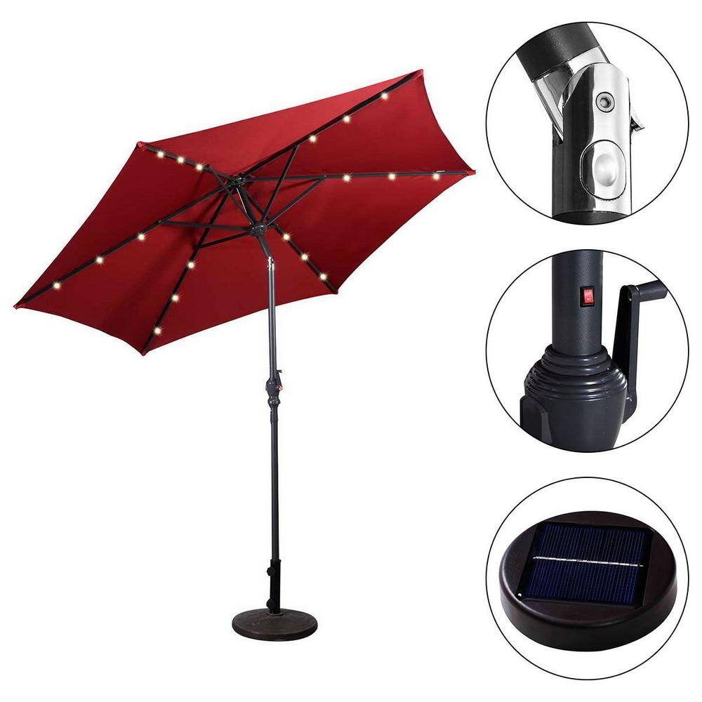 Burgundy 9ft Steel Solar LED Patio Umbrella with Crank