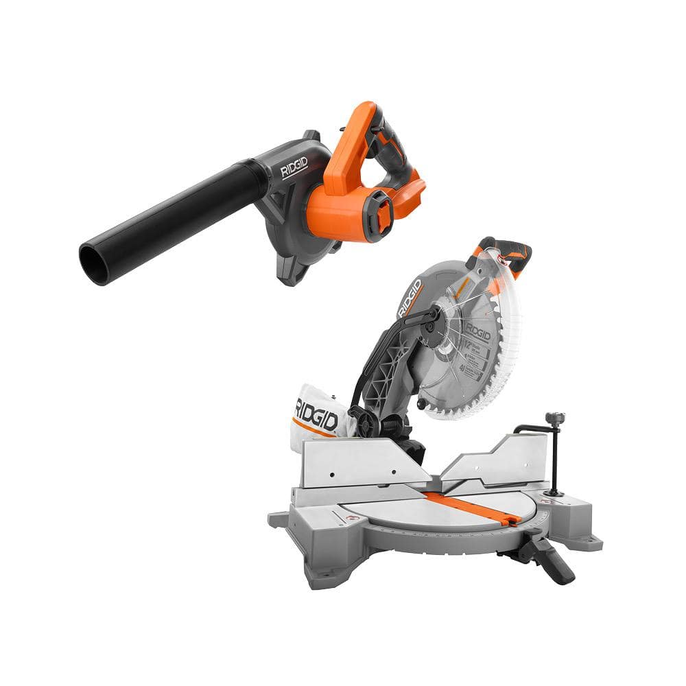 RIDGID 15 Amp Corded 12 in. Dual Bevel Miter Saw with LED and 18V Cordless Compact Jobsite Blower with Inflator/Deflator Nozzle -  R4123-R86043B