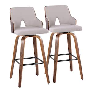 Stella 29.75 in. Beige Fabric, Walnut Wood and Black Metal Fixed-Height Bar Stool Square Footrest (Set of 2)