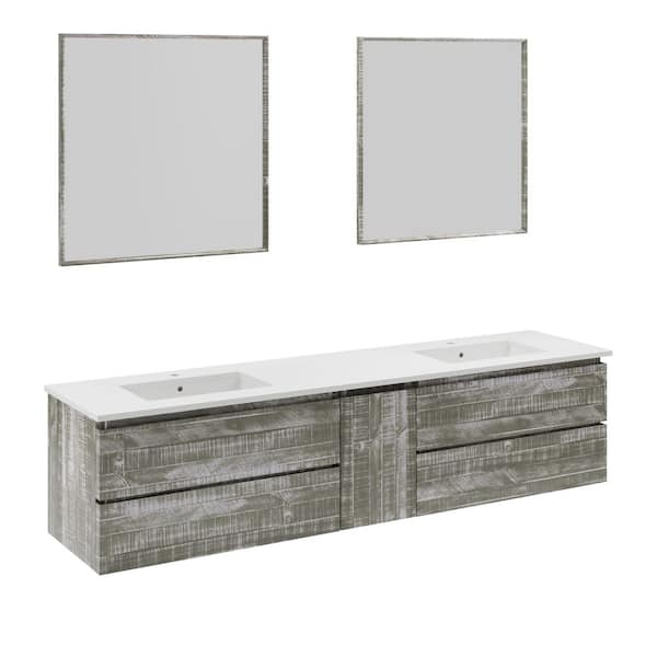 Fresca Formosa 84 in. Double Sink Wall Mount Floating Sage Gray Bath Vanity with White Quartz Top, Ceramic Sinks and Mirrors