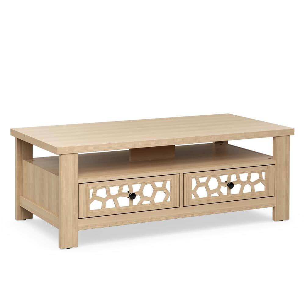 センターテーブル・ローテーブル truck furniture  OAK GLASS-TOP LOW TABLE Costway 46 in. Oak Rectangle Wooden Coffee Table with 2