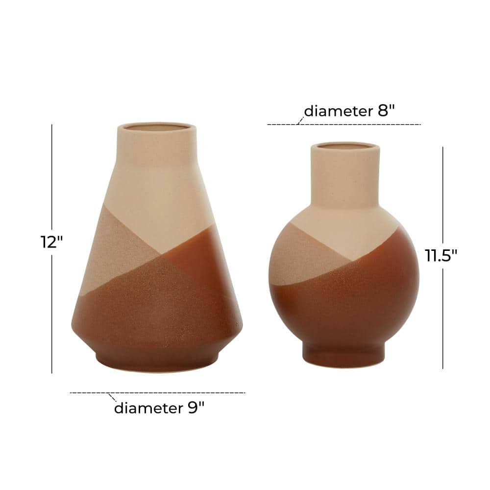 Set of 2 Tan and Terracotta Geometric Ceramic Vases
