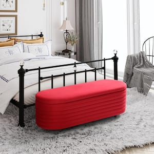 Farrah 54 in. Wide Oval Velvet Upholstered Entryway Flip Top Storage Bedroom Accent Bench in Red