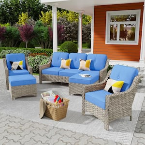 Freddie 5-Piece Wicker Outdoor Patio Conversation Seating Sofa Set with Blue Cushions