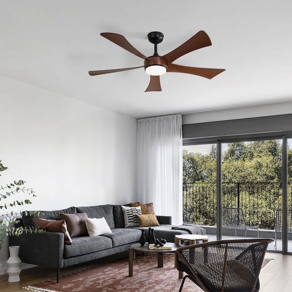 52 in. Modern Indoor Black 6-Speed Brown Blades 3-Size Downrod Mount Ceiling Fan with 3-Color Dimmable LED Light