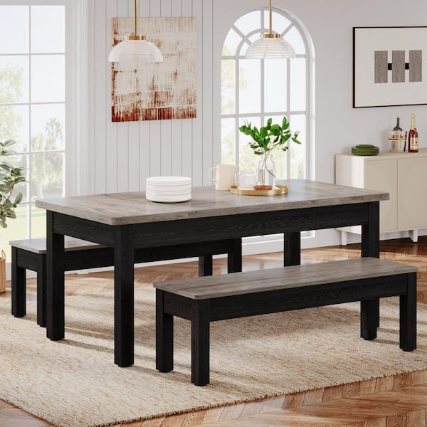 Roesler 3-Piece Rectangle Grey and Black Wood Top 55 in. Dining Table Set Seats-6 with 2 Benches (Grey-Black)