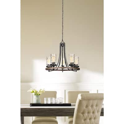 Gaston 5-Light Weathered Gray Rustic Farmhouse Wagon Wheel Chandelier with Distressed Oak Accents and Water Glass Shades