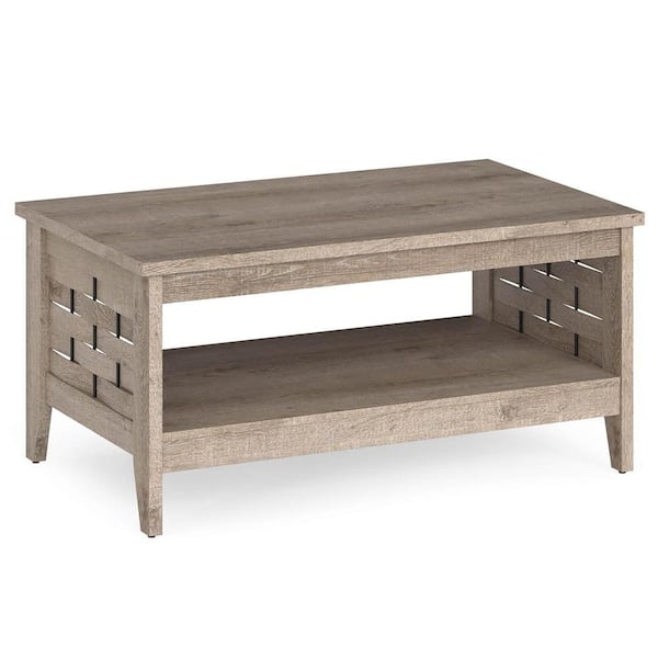 39.5 in. Rustic Oak Rectangle MDF 2-Tier Coffee Table with Open Shelf Woven Decorations Storage for Living Room