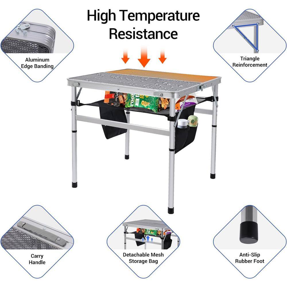 31.5" Silver Steel Folding Camping Table with Mesh Storage