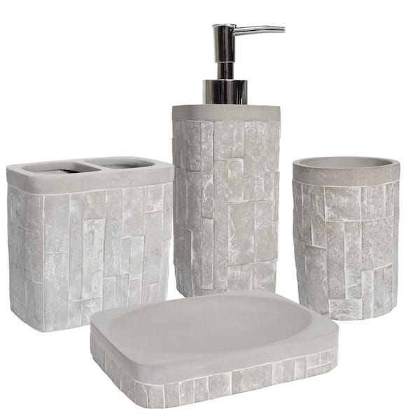 Sweet Home Collection Avalon (4-Piece) Bathroom Accessory Set with Soap Pump, Tumbler, Toothbrush Holder and Soap Dish - Grey