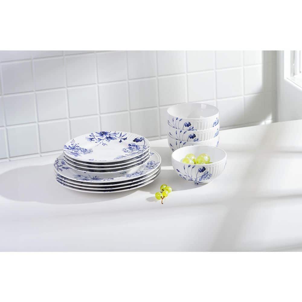 Cassian Blue Floral Embossed Porcelain 12-Piece Dinnerware Set