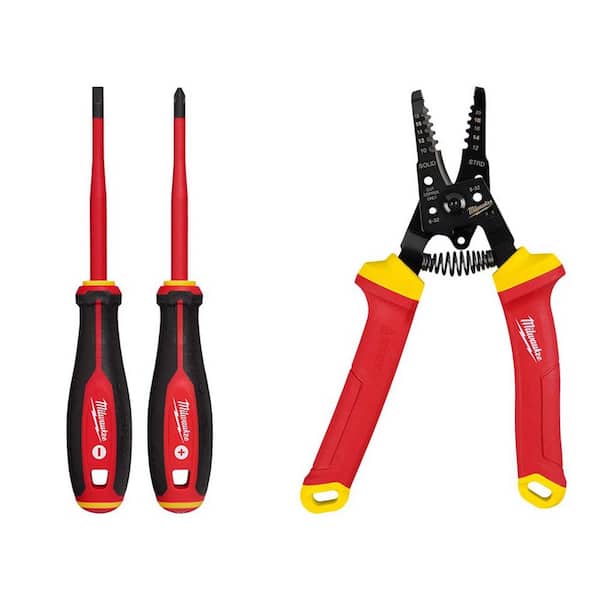 Milwaukee 1000-Volt Insulated Slim Tip Screwdriver Set with 1000-Volt Insulated 10-20 AWG Wire Stripper and Cutter (3-Piece)