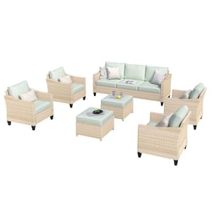 Athena Biege 7-Piece Wicker Outdoor Patio Conversation Seating Set with Mint Green Cushions