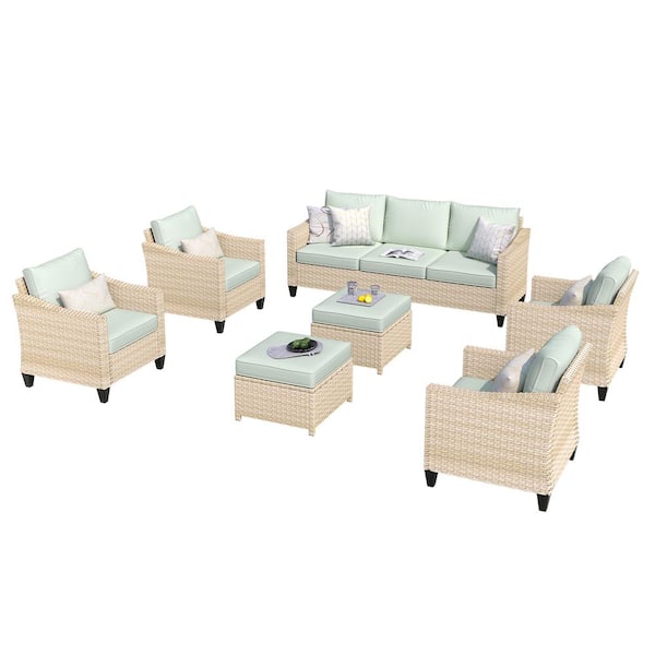 OVIOS Athena Biege 7-Piece Wicker Outdoor Patio Conversation Seating Set with Mint Green Cushions