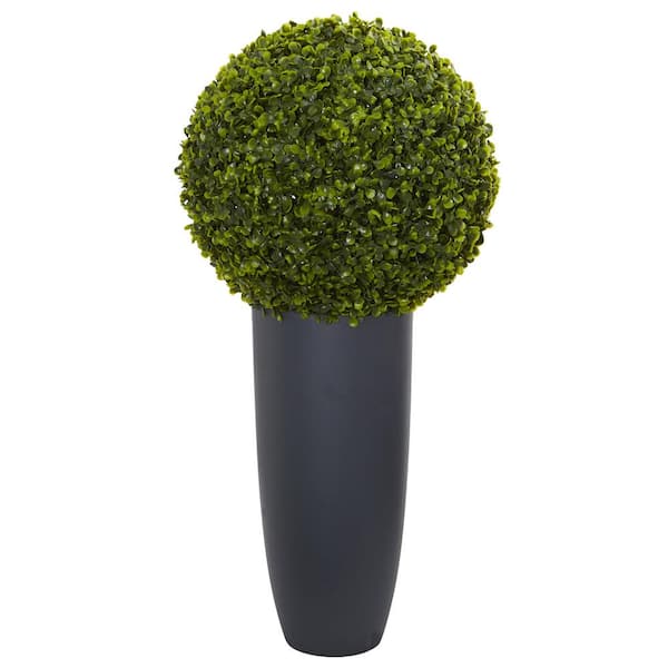 Nearly Natural 30 in. Indoor/Outdoor Boxwood Artificial Topiary Plant in Gray Cylinder Planter