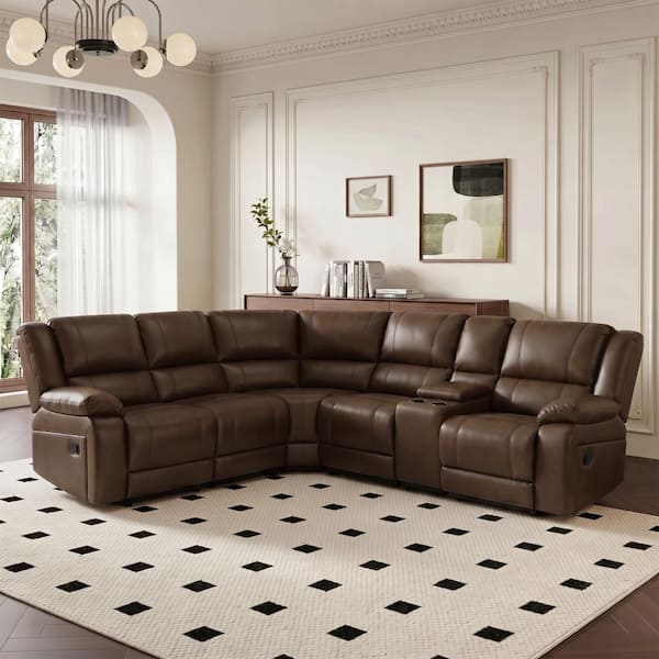 Manual Recliner Sectional Sofa, 109 in. 6-Piece Living Room Set with Flip-Top Console, Dark Brown