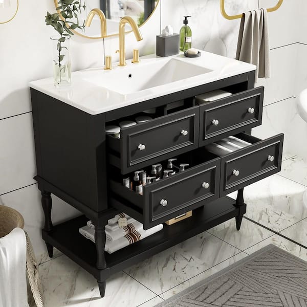 36 in. Freestanding Single Sink Black Bath Vanity with White Ceramic Top